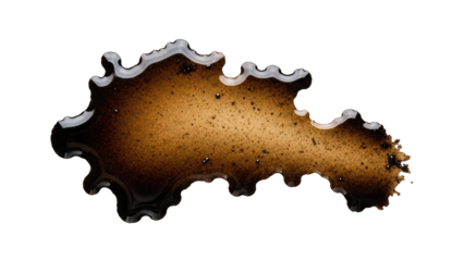 Close-up of a dark, irregularly shaped puddle with reflective surface on black backdrop