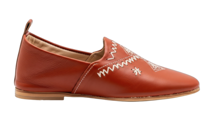 Close-up of a stylish, brown leather slipper with decorative white stitching