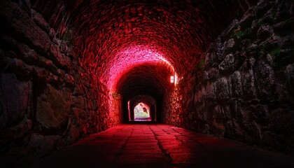 Obraz premium Stone Archway Tunnel Leading Into Dark With Eerie Red Lighting