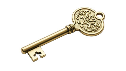 Close-up of a vintage golden key on a black background, with ornate handle design