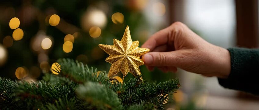 A person carefully decorating a Christmas tree with a shiny star ornament.