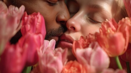 Intimate moment between diverse couple surrounded by vibrant tulips.