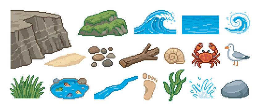 Pixel art collection of beach and nature elements featuring a cliff, wave, crab, and seagull in a classic 8-bit retro video game style asset pack