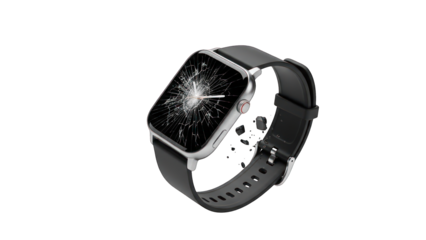 Damaged smartwatch with a shattered screen on a black background