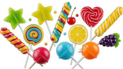Colorful lollipops of various shapes and sizes on sticks, with a fruit and berry