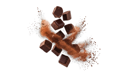 Dark chocolate cubes exploding outwards from a cocoa powder cloud on black background