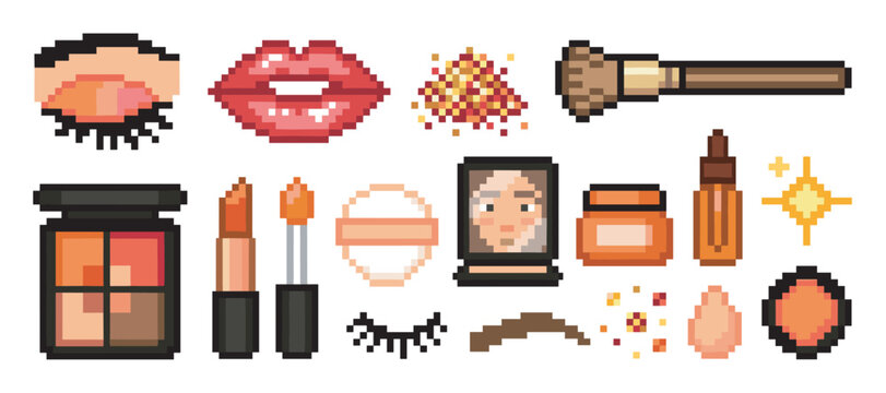 Pixel art makeup and cosmetic icon collection with lipstick, eyeshadow, brush, and glitter in a retro 8-bit style, representing a digital beauty and skincare theme