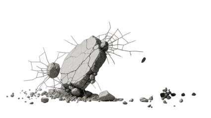 Digital illustration of a wall crumbling, revealing cracks and debris against a black backdrop