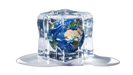 Earth trapped inside melting ice cube, symbolizing climate change. Black background
