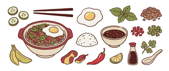 Collection of hand-drawn Asian food illustrations featuring a rice bowl with minced meat, fried egg, and various ingredients like chili, basil, and lime in a cute doodle style