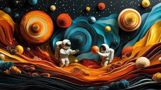 Astronauts playing with a planet in a colorful abstract quilling cosmos