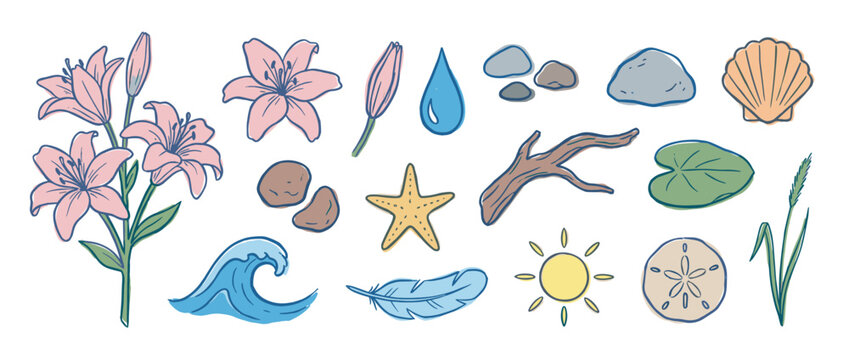 Collection of hand-drawn nature illustrations featuring a lily flower, starfish, seashell, sun, and wave in a charming, colorful doodle style with a soft pastel palette