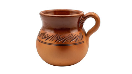 Earthenware mug, brown with a handle, showing carved detail on side, on black background