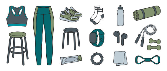 Collection of illustrated fitness and workout equipment including a sports bra, leggings, sneakers, and dumbbells in a hand-drawn doodle style with a muted green and teal color palette