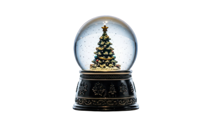 Festive snow globe with a decorated miniature Christmas tree, glitter, and ornamental base