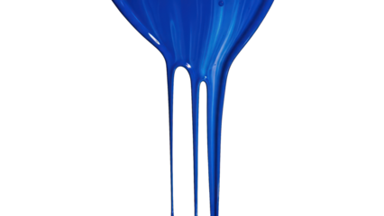 Glossy blue liquid, possibly paint, drips downward against a stark black background