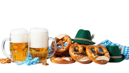 German beer steins, pretzels, hats, and blue-white cloth create festive arrangement