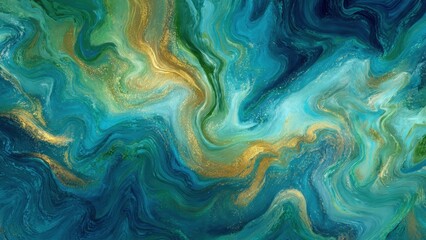 Swirling turquoise, green, and gold abstract art