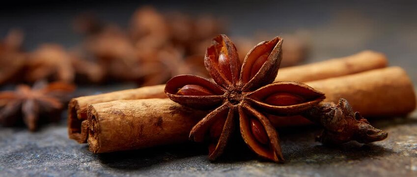 Close-up of aromatic spices featuring star anise and cinnamon sticks.
