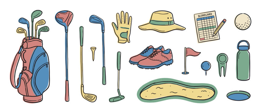Colorful hand-drawn set of golf equipment and accessories including a bag, clubs, ball, shoes, and scorecard in a playful doodle illustration style for recreational sports