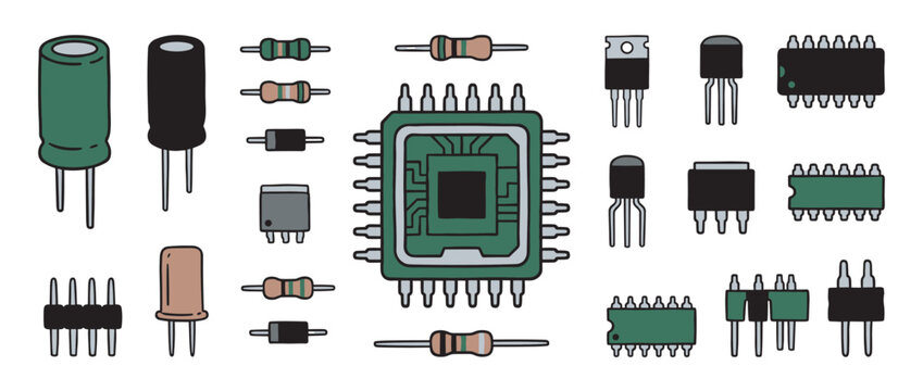 Colorful set of electronic circuit components hand-drawn in a simple cartoon doodle style, featuring a central processor, resistors, transistors, and various integrated circuits