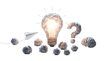 Illuminated origami lightbulb & paper plane amid rock-like forms, questions, and a brain