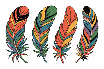 Obraz premium A vibrant illustration of four colorful feathers on a white background