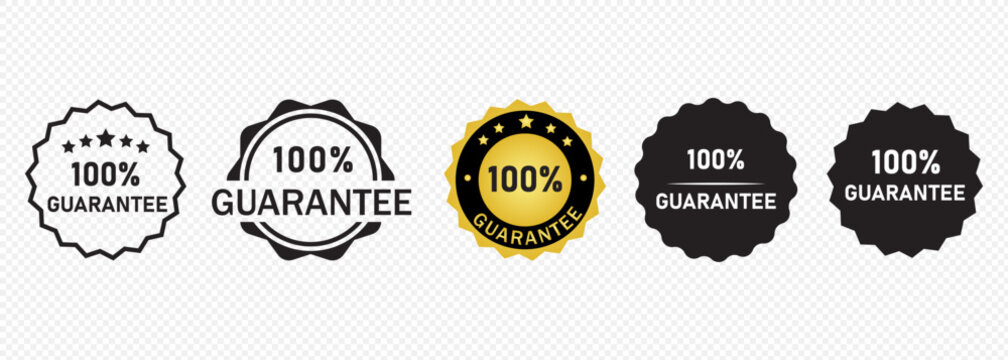Different badges showing 100 percent guarantee in various colors and styles on a plain background