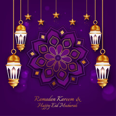 Fototapeta premium Elegant Ramadan Background with Gold Lanterns and Mandalas. Islamic Festival Greeting Template with Glowing Lights on Teal Backdrop for Social Media and Print