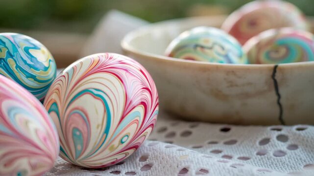 Colorful Marbled Easter Eggs with Intricate Engraving Patterns Create Festive and Artistic Display on Lace Cloth for Vibrant Holiday Atmosphere