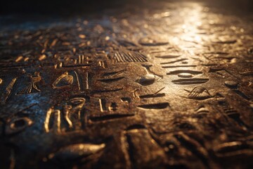 Close-up of stone hieroglyphs illuminated by soft warm light.