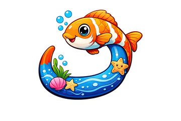 Fototapeta premium A cartoon goldfish with big eyes swims through a blue ring decorated with starfish and shells with some bubbles rising above it
