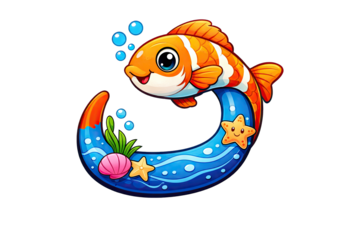 A cartoon goldfish with big eyes swims through a blue ring decorated with starfish and shells with some bubbles rising above it