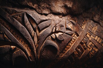 Intricate hieroglyphic carvings appear in shallow depth of field under warm grazing light. Ancient craftsmanship and historical atmosphere.