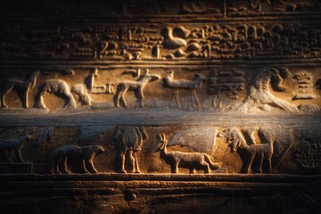 Close-up of stone hieroglyphs illuminated by soft warm light.