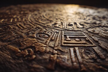 Intricate hieroglyphic carvings appear in shallow depth of field under warm grazing light. Ancient craftsmanship and historical atmosphere.