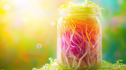 Fermented vegetables are tightly packed in a glass container.