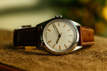 Timeless elegance of a brown leather strap watch resting peacefully