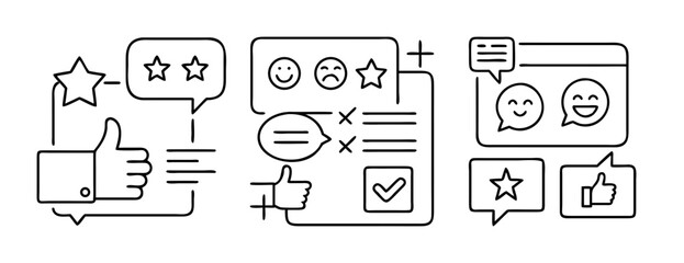 Customer feedback and user experience icons: reviews, ratings, likes, survey