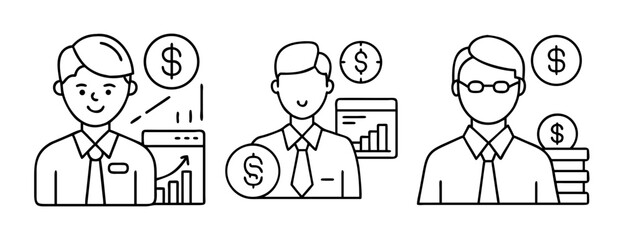Line art icon set of business finance, investment, money growth concepts