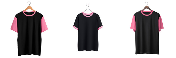 Set of Black and pink t-shirt on a hanger against a white background, minimal shadows on transparent png background. Ai generated