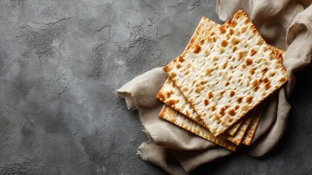 Traditional matzo on linen cloth against rustic gray background.