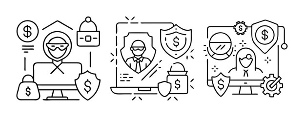 Cybersecurity and hacker icons set: financial data protection and online crime