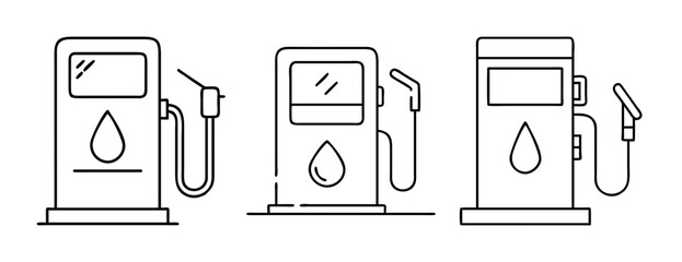 Gas pump and fuel dispenser line art icons collection, energy and transport design.