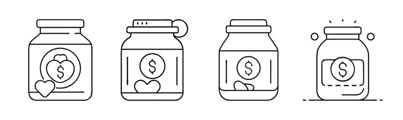 Healthcare fund and charity jars for donations line art vector icons.