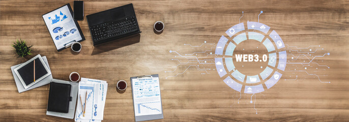 The Web 3.0 technology ecosystem and its digital applications. An interface showcasing the various components of the next generation internet. Motif