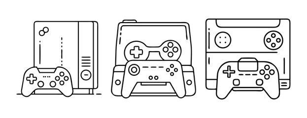 Video game consoles and controllers line art collection for gaming concepts
