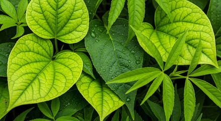 Vibrant Green Leafy Plant Background with Water Droplets
