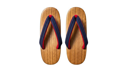 Overhead view of two traditional Japanese wooden sandals with blue & red straps