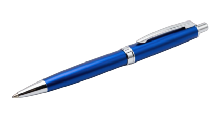 Shiny blue pen with silver accents, isolated on black background